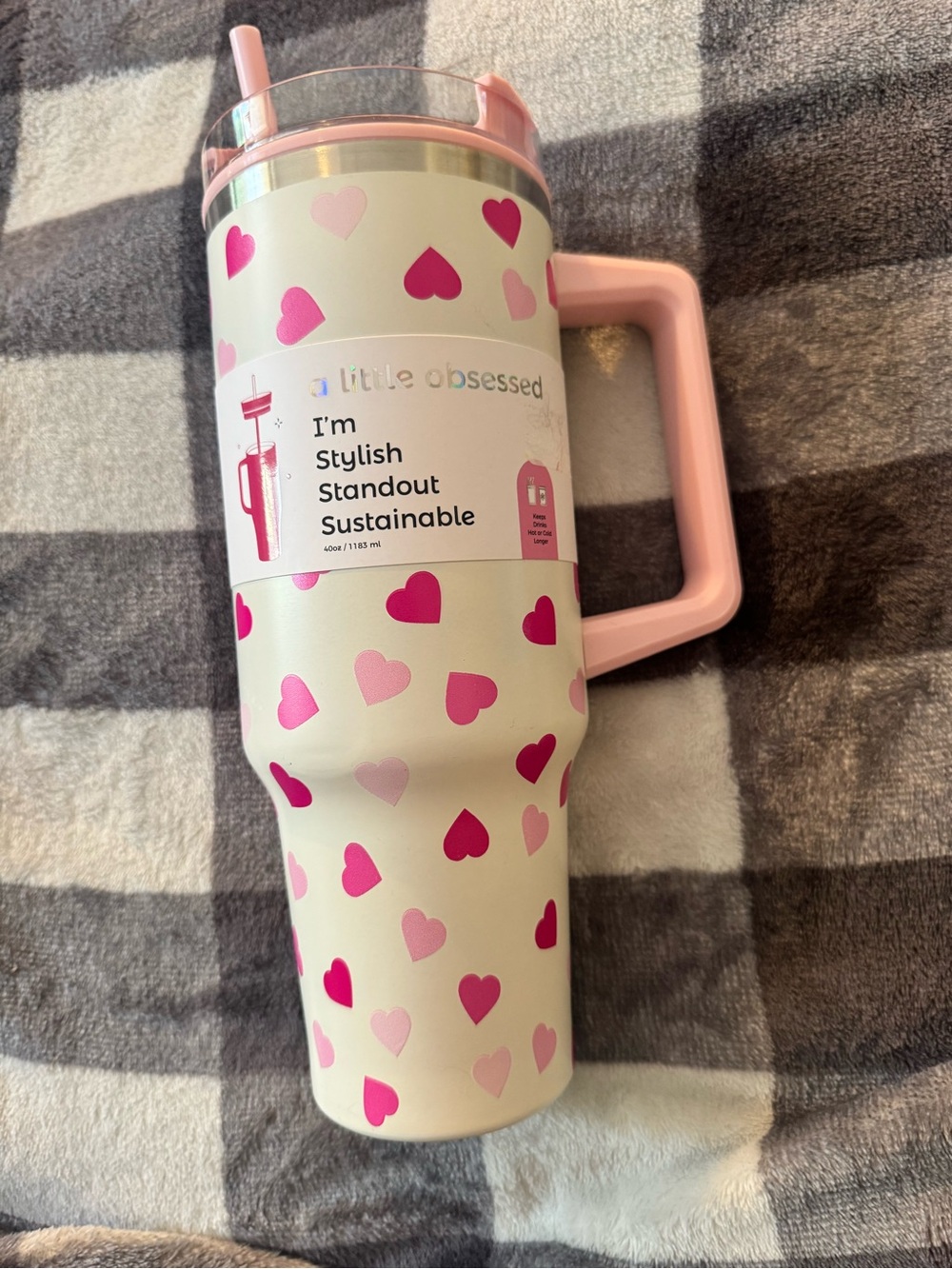 Pink Heart Stainless Travel Tumbler with Handle